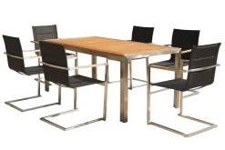OUTFLEXX Garten-Essgruppe, schwarz, Edelstahl/Teak, Esstisch 200 x 90 cm, 6 Stapelstühle gepolstert