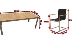 OUTFLEXX Garten-Essgruppe, schwarz, Edelstahl/Teak, Esstisch 200 x 90 cm, 6 Stapelstühle gepolstert