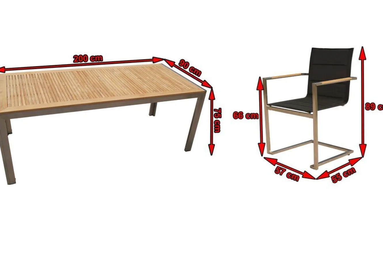 OUTFLEXX Garten-Essgruppe, schwarz, Edelstahl/Teak, Esstisch 200 x 90 cm, 6 Stapelstühle gepolstert