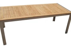 OUTFLEXX Garten-Essgruppe, schwarz, Edelstahl/Teak, Esstisch 200 x 90 cm, 6 Stapelstühle gepolstert