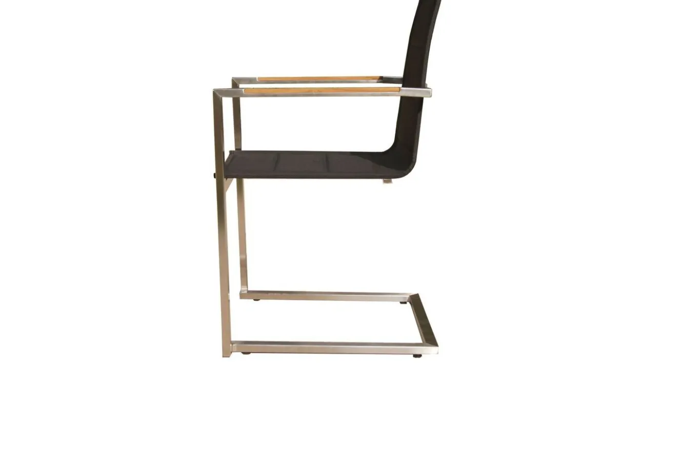 OUTFLEXX Garten-Essgruppe, schwarz, Edelstahl/Teak, Esstisch 200 x 90 cm, 6 Stapelstühle gepolstert