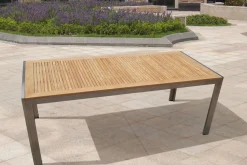 OUTFLEXX Garten-Essgruppe, schwarz, Edelstahl/Teak, Esstisch 200 x 90 cm, 6 Stapelstühle gepolstert