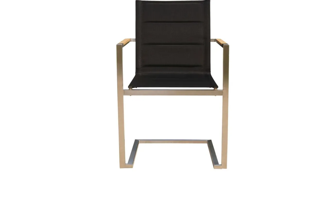 OUTFLEXX Garten-Essgruppe, schwarz, Edelstahl/Teak, Esstisch 200 x 90 cm, 6 Stapelstühle gepolstert