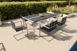 OUTFLEXX Gartenessgruppe, schwarz/silber, Edelstahl/FSC-Teak/Rope, Tisch 200x100cm, 6 Freischwinger, witterungsbeständig