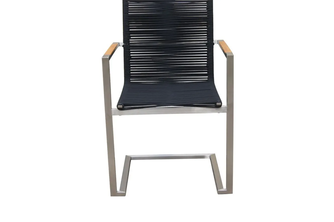 OUTFLEXX Gartenessgruppe, schwarz/silber, Edelstahl/FSC-Teak/Rope, Tisch 200x100cm, 6 Freischwinger, witterungsbeständig