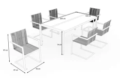 OUTFLEXX Gartenessgruppe, schwarz/silber, Edelstahl/FSC-Teak/Rope, Tisch 200x100cm, 6 Freischwinger, witterungsbeständig