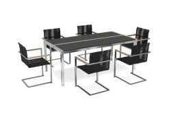 OUTFLEXX Gartenessgruppe, schwarz/silber, Edelstahl/FSC-Teak/Rope, Tisch 200x100cm, 6 Freischwinger, witterungsbeständig