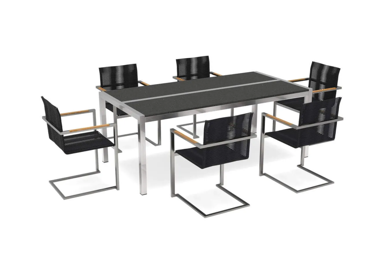 OUTFLEXX Gartenessgruppe, schwarz/silber, Edelstahl/FSC-Teak/Rope, Tisch 200x100cm, 6 Freischwinger, witterungsbeständig