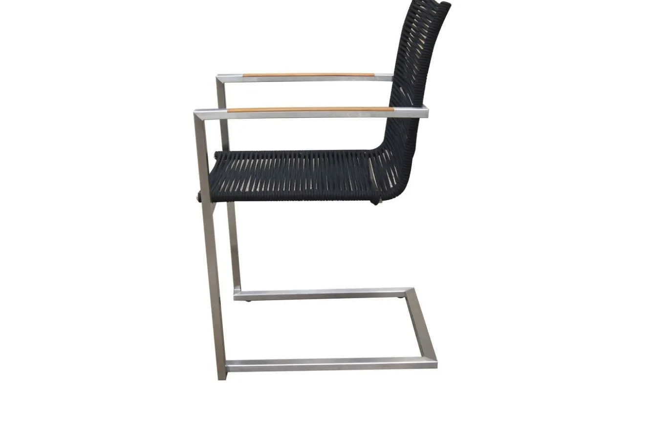 OUTFLEXX Gartenessgruppe, schwarz/silber, Edelstahl/FSC-Teak/Rope, Tisch 200x100cm, 6 Freischwinger, witterungsbeständig