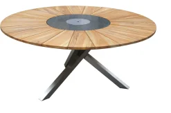 OUTFLEXX Garten-Essgruppe, silber/schwarz, Edelstahl/Teak, Esstisch Ø 170 cm, 6 Freischwinger, FSC®-zertifiziertes Produkt