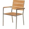 OUTFLEXX Garten-Essgruppe, silber, Edelstahl/recyceltes Teak, Tisch 90 x 90 cm, 4 Stapelsessel, FSC®-zertifiziertes Produkt