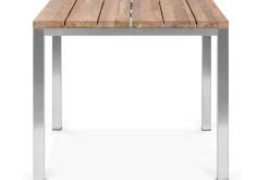 OUTFLEXX Garten-Essgruppe, silber, Edelstahl/recyceltes Teak, Tisch 90 x 90 cm, 4 Stapelsessel, FSC®-zertifiziertes Produkt