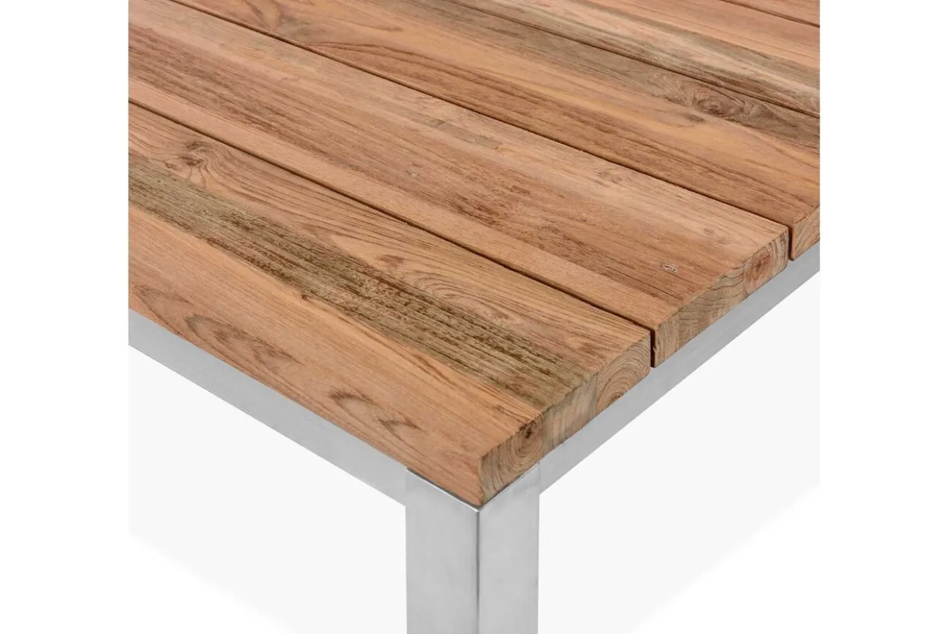 OUTFLEXX Garten-Essgruppe, silber, Edelstahl/recyceltes Teak, Tisch 90 x 90 cm, 4 Stapelsessel, FSC®-zertifiziertes Produkt