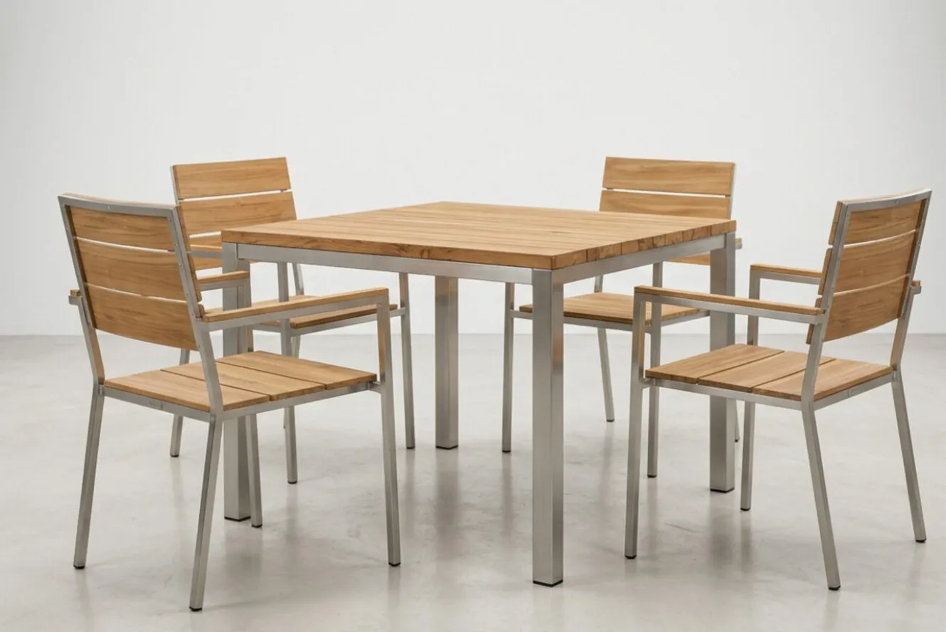 OUTFLEXX Garten-Essgruppe, silber, Edelstahl/recyceltes Teak, Tisch 90 x 90 cm, 4 Stapelsessel, FSC®-zertifiziertes Produkt