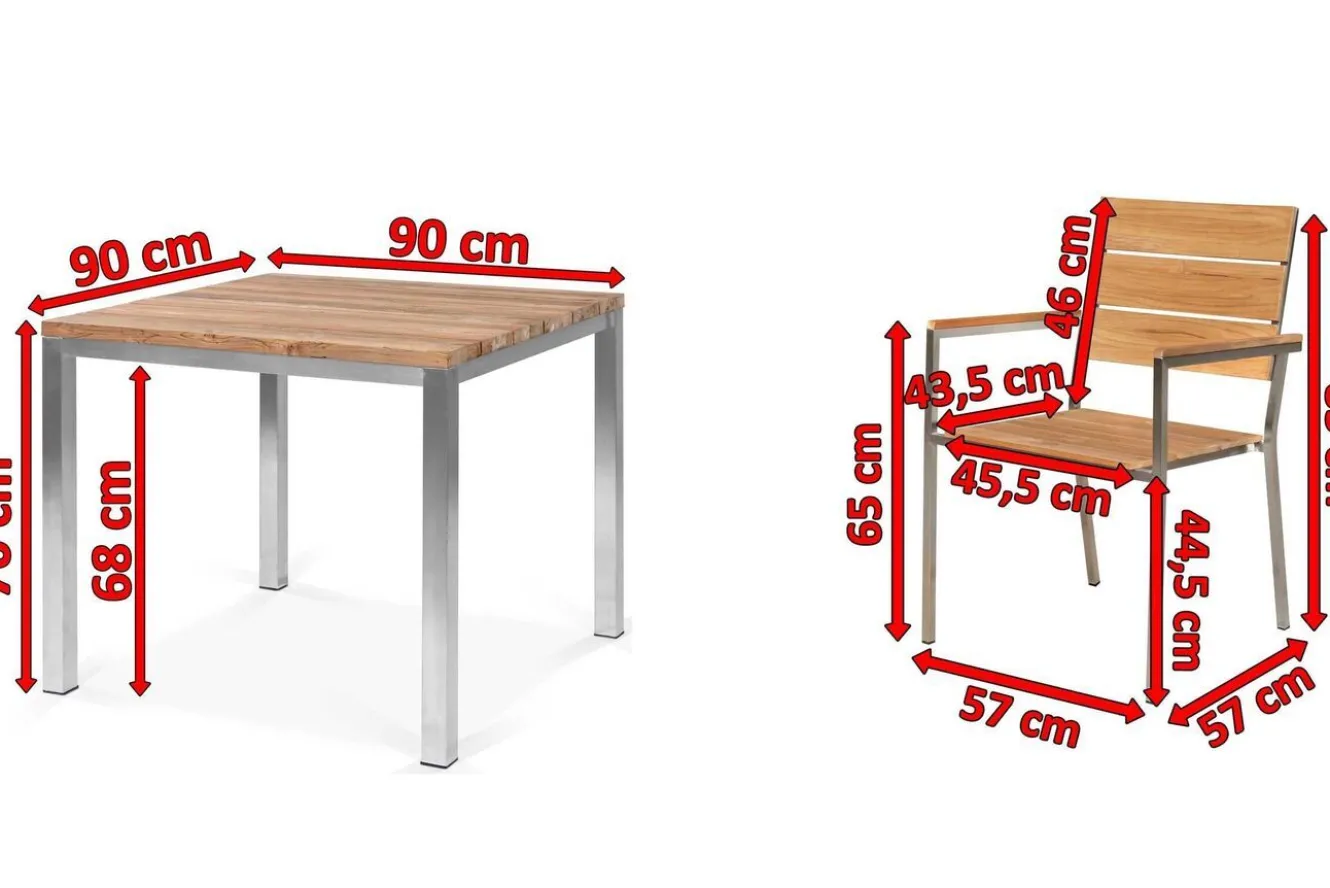 OUTFLEXX Garten-Essgruppe, silber, Edelstahl/recyceltes Teak, Tisch 90 x 90 cm, 4 Stapelsessel, FSC®-zertifiziertes Produkt