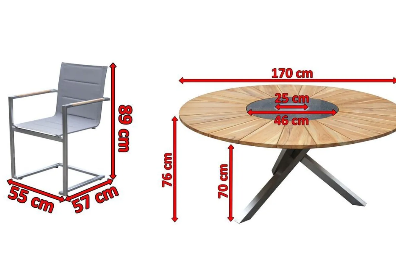 OUTFLEXX Garten-Essgruppe, silber, Edelstahl/Teak, Ø 170 cm, 6 Freischwinger, inkl. drehbarer Granitplatte + Eiskühler, FSC®-zertifiziertes Produkt