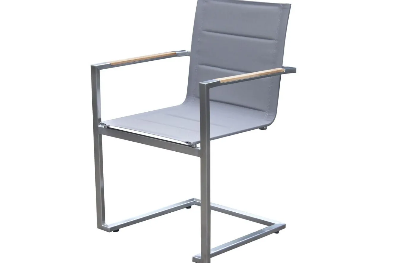 OUTFLEXX Garten-Essgruppe, silber, Edelstahl/Teak, Ø 170 cm, 6 Freischwinger, inkl. drehbarer Granitplatte + Eiskühler, FSC®-zertifiziertes Produkt