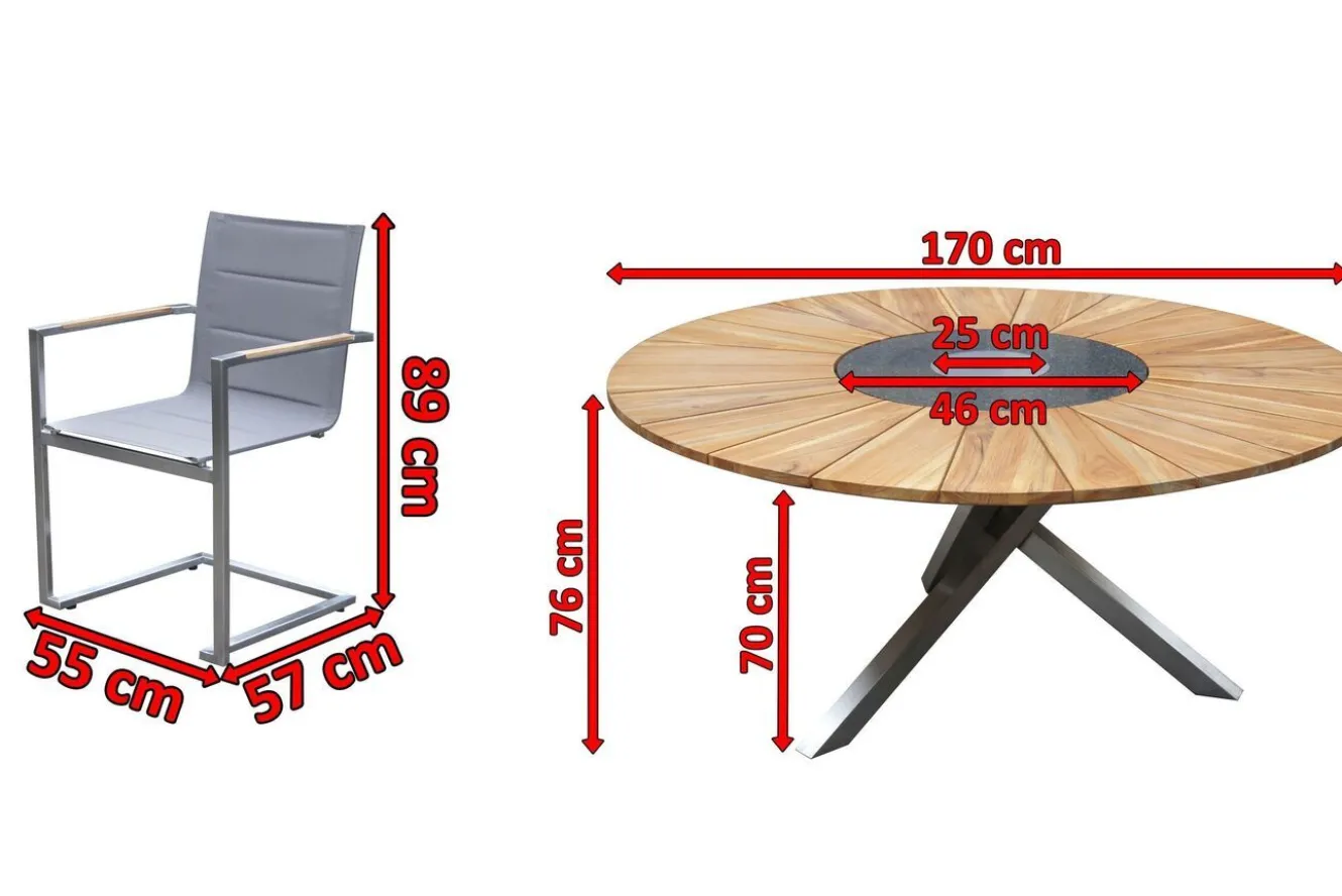 OUTFLEXX Garten-Essgruppe, silber, Edelstahl/Teak, Ø 170 cm, 6 Freischwinger, inkl. drehbarer Granitplatte + Eiskühler, FSC®-zertifiziertes Produkt