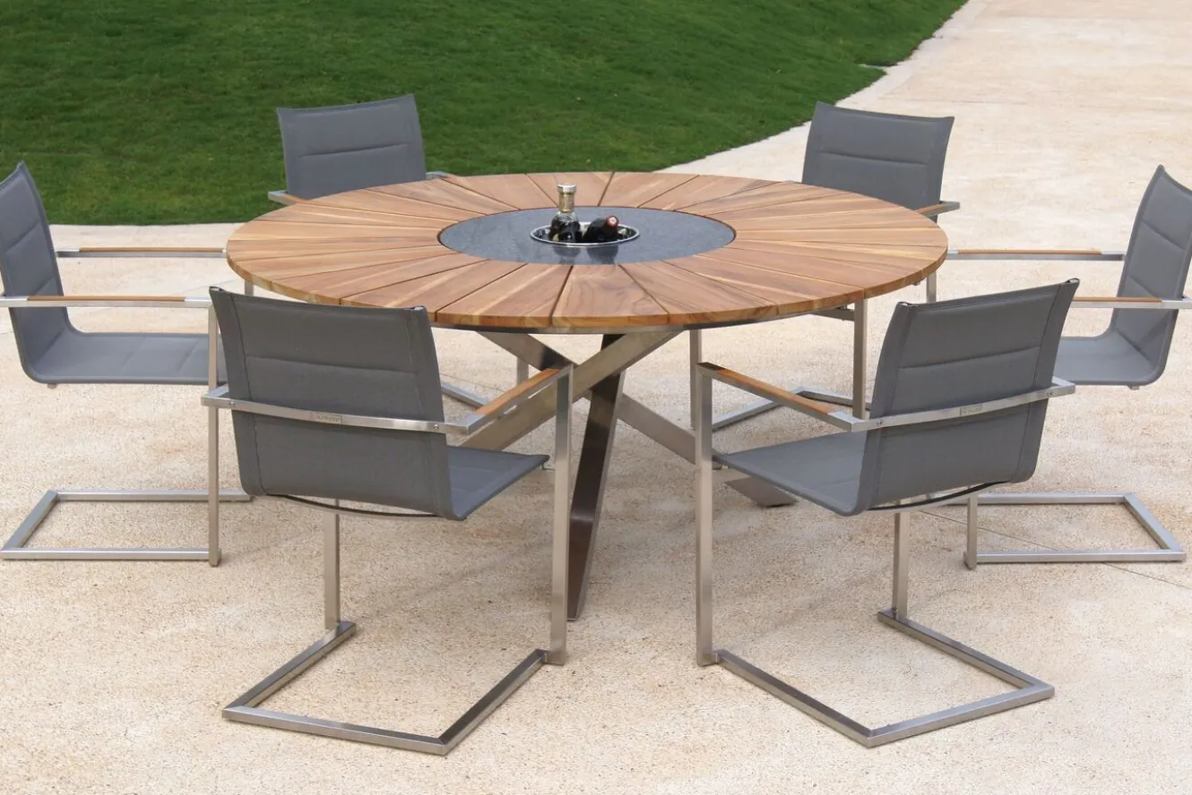 OUTFLEXX Garten-Essgruppe, silber, Edelstahl/Teak, Ø 170 cm, 6 Freischwinger, inkl. drehbarer Granitplatte + Eiskühler, FSC®-zertifiziertes Produkt