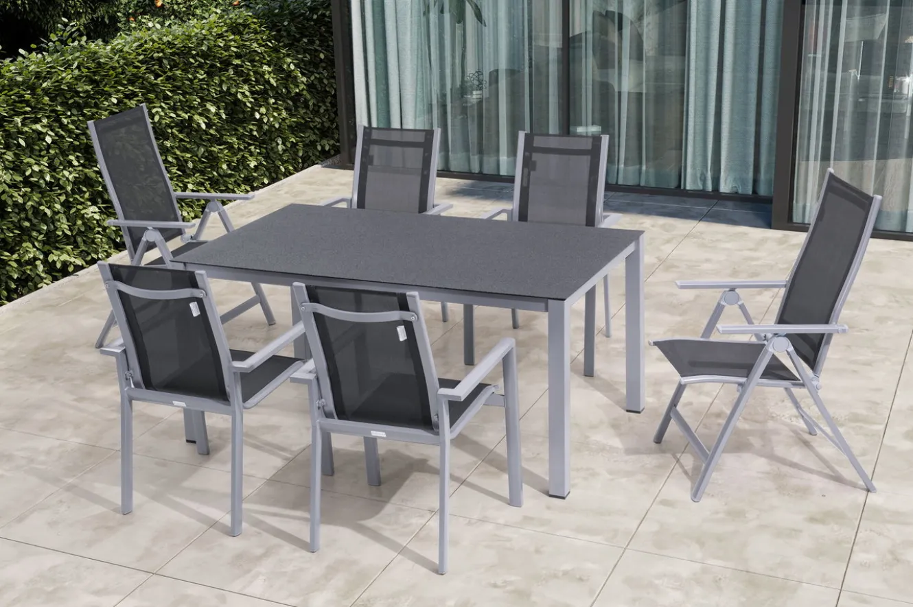 OUTFLEXX Garten-Essgruppe, silber/anthrazit, Alu/Spraystone/Textilen, 160 x 95 cm, 4 Stapelsessel, 2 Klappstühle