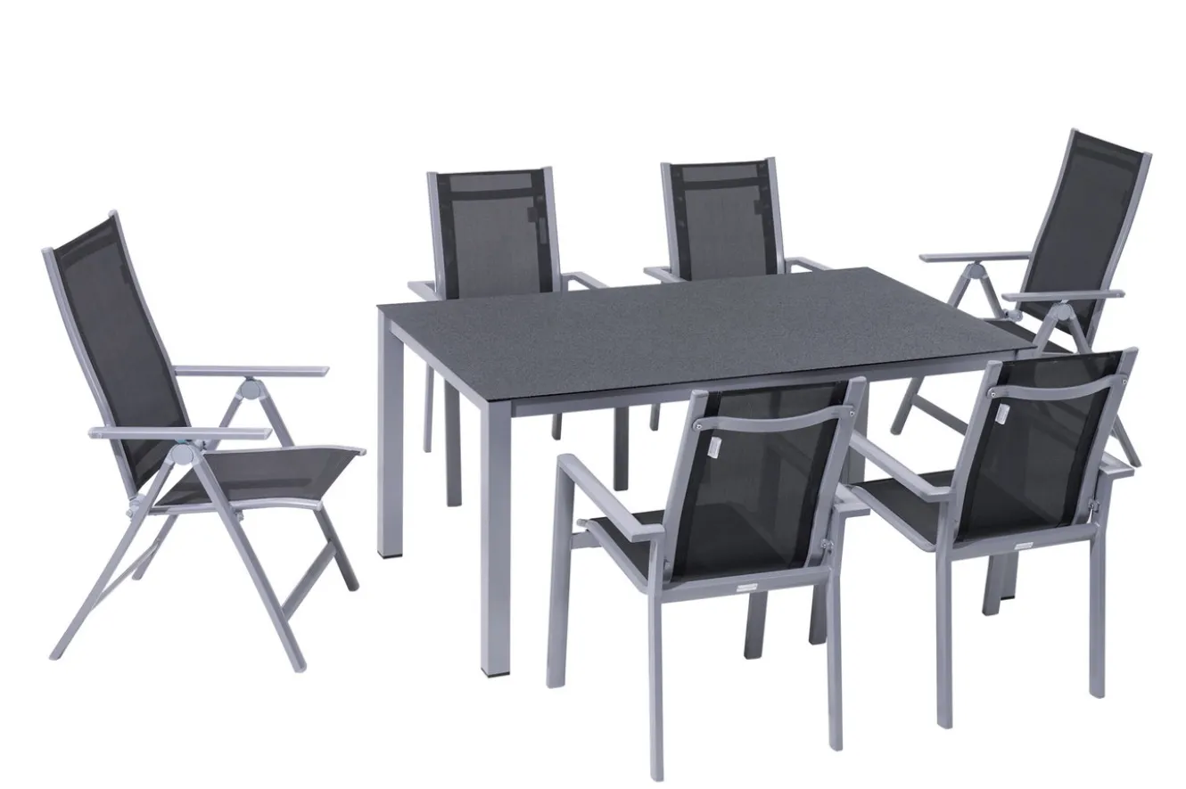 OUTFLEXX Garten-Essgruppe, silber/anthrazit, Alu/Spraystone/Textilen, 160 x 95 cm, 4 Stapelsessel, 2 Klappstühle