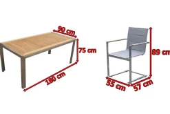 OUTFLEXX Garten-Essgruppe, silber, Edelstahl/Teak, Tisch 180x90cm, 6 Sessel gepolstert
