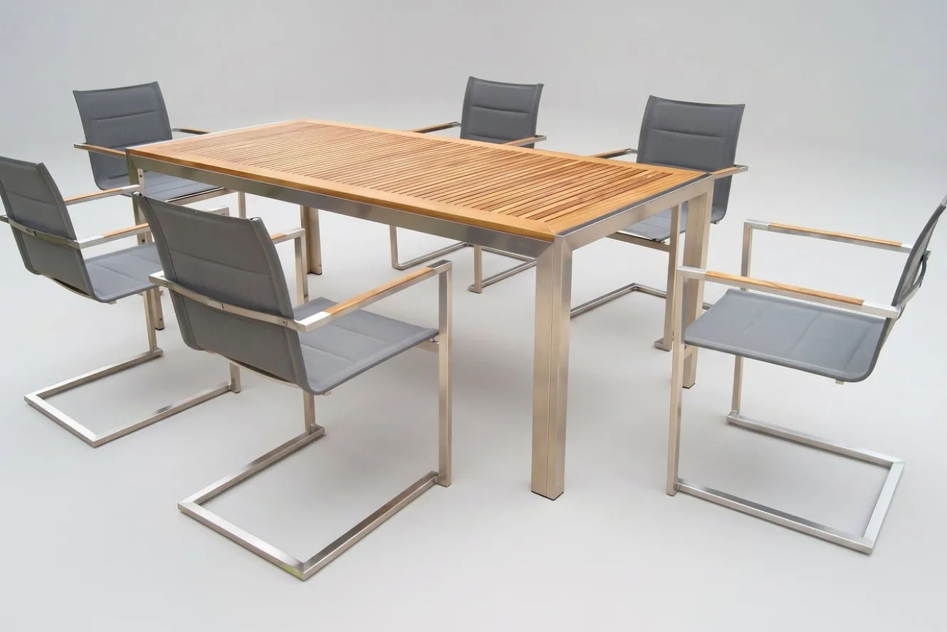 OUTFLEXX Garten-Essgruppe, silber, Edelstahl/Teak, Esstisch 200 x 90 cm, 6 Stapelstühle gepolstert