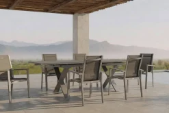 OUTFLEXX Garten-Essgruppe, silber, Alu / Spraystone / Textil, Tisch 180/280x100cm, 6 Stapelsessel
