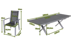 OUTFLEXX Garten-Essgruppe, silber, Alu / Spraystone / Textil, Tisch 180/280x100cm, 6 Stapelsessel