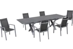OUTFLEXX Garten-Essgruppe, silber, Alu / Spraystone / Textil, Tisch 180/280x100cm, 6 Stapelsessel