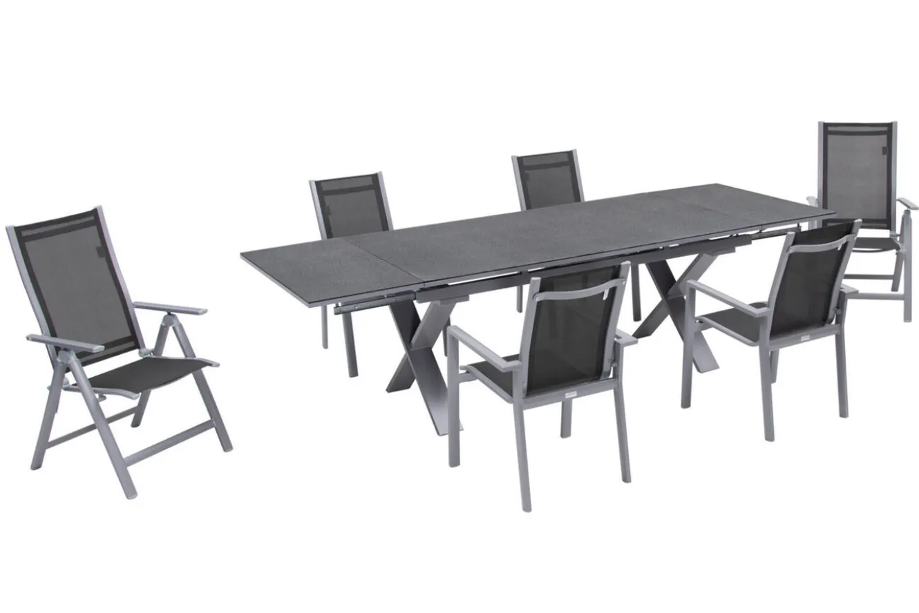 OUTFLEXX Garten-Essgruppe, silber, Alu / Keramik / Textil, Tisch 180/280 x 100 cm, 4 Stapelsessel, 2 Klappstühle