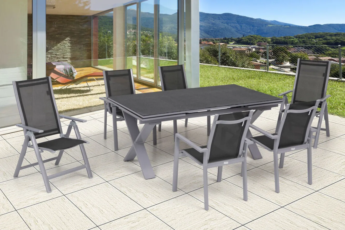 OUTFLEXX Garten-Essgruppe, silber, Alu / Keramik / Textil, Tisch 180/280 x 100 cm, 4 Stapelsessel, 2 Klappstühle