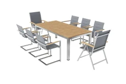 OUTFLEXX Garten-Essgruppe, silber, 200/300 x 100 cm, Edelstahl/Teak, Ausziehtisch, 6 Stühle padded, 2 Klappstühle, FSC®-zertifiziertes Produkt