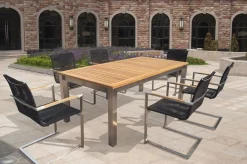 OUTFLEXX Garten-Essgruppe, silber/schwarz, Edelstahl/Teak, Ausziehtisch 200-300 x 100 cm, 6 Freischwinger, FSC®-zertifiziertes Produkt