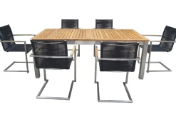 OUTFLEXX Garten-Essgruppe, silber/schwarz, Edelstahl/Teak, Ausziehtisch 200-300 x 100 cm, 6 Freischwinger, FSC®-zertifiziertes Produkt