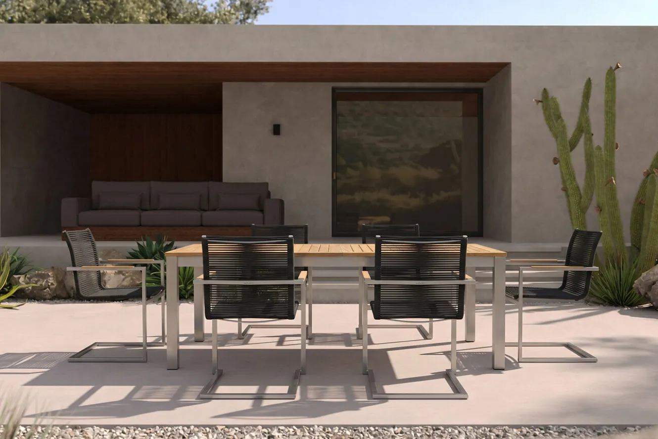 OUTFLEXX Garten-Essgruppe, silber/schwarz, Edelstahl/Teak, Ausziehtisch 200-300 x 100 cm, 6 Freischwinger, FSC®-zertifiziertes Produkt