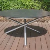 OUTFLEXX Garten-Essgruppe, silber/grau, Edelstahl/Glaskeramik/Textilene/Teak, Tisch Ø150cm, 5 Freischwinger, padded