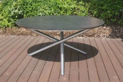 OUTFLEXX Garten-Essgruppe, silber/grau, Edelstahl/Glaskeramik/Textilene/Teak, Tisch Ø150cm, 5 Freischwinger, padded