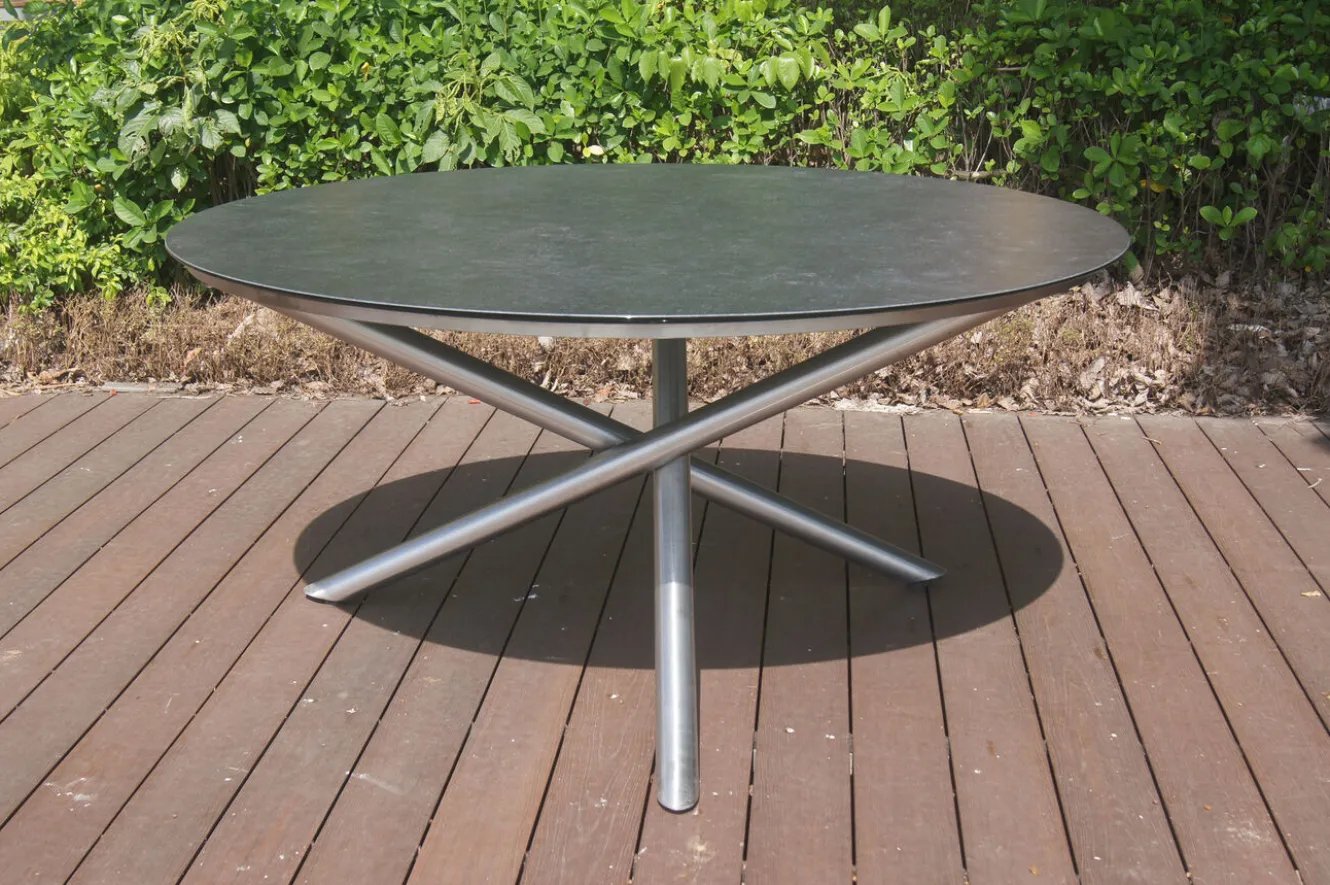 OUTFLEXX Garten-Essgruppe, silber/grau, Edelstahl/Glaskeramik/Textilene/Teak, Tisch Ø150cm, 5 Freischwinger, padded