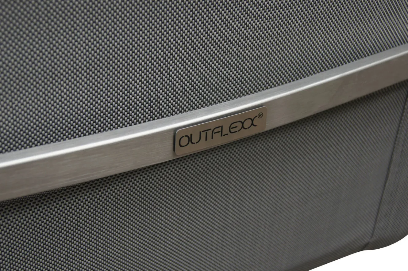 OUTFLEXX Garten-Essgruppe, silber/grau, Edelstahl/Glaskeramik/Textilene/Teak, Tisch Ø150cm, 5 Freischwinger, padded