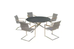 OUTFLEXX Garten-Essgruppe, silber/grau, Edelstahl/Glaskeramik/Textilene/Teak, Tisch Ø150cm, 5 Freischwinger, padded
