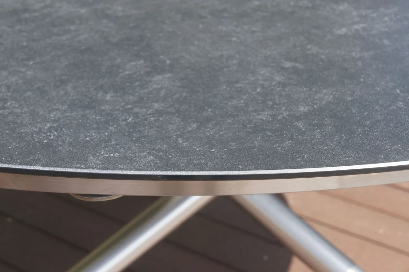 OUTFLEXX Garten-Essgruppe, silber/grau, Edelstahl/Glaskeramik/Textilene/Teak, Tisch Ø150cm, 5 Freischwinger, padded