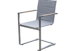 OUTFLEXX Garten-Essgruppe, silber/grau, Edelstahl/Glaskeramik/Textilene/Teak, Tisch Ø150cm, 5 Freischwinger, padded