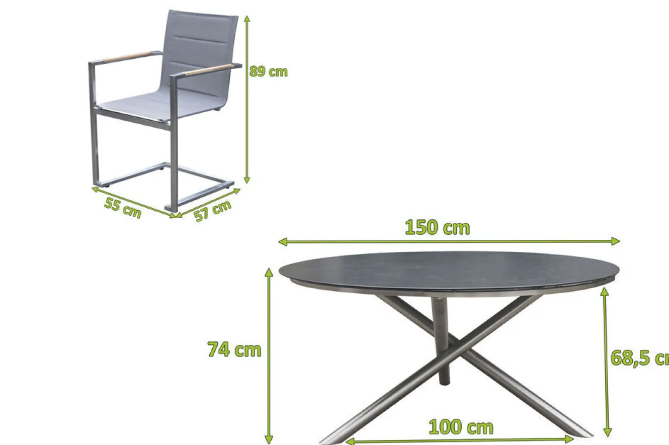 OUTFLEXX Garten-Essgruppe, silber/grau, Edelstahl/Glaskeramik/Textilene/Teak, Tisch Ø150cm, 5 Freischwinger, padded