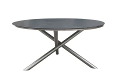 OUTFLEXX Garten-Essgruppe, silber/grau, Edelstahl/Glaskeramik/Textilene/Teak, Tisch Ø150cm, 5 Freischwinger, padded