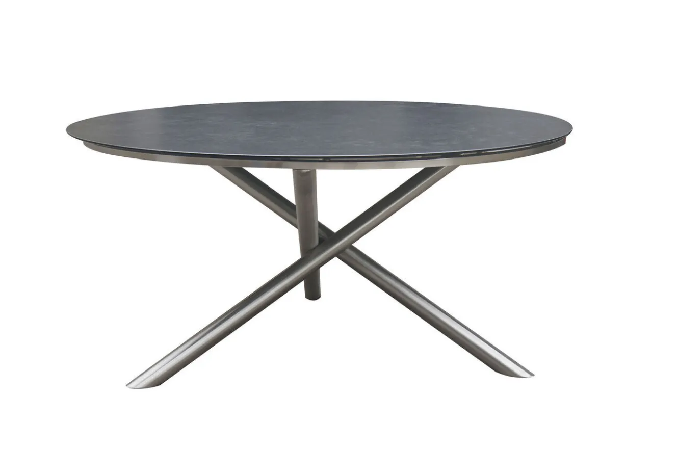 OUTFLEXX Garten-Essgruppe, silber/grau, Edelstahl/Glaskeramik/Textilene/Teak, Tisch Ø150cm, 5 Freischwinger, padded