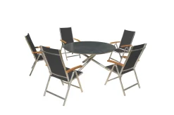 OUTFLEXX Garten-Essgruppe, silber/schwarz, Edelstahl/Glaskeramik/Textilene/Teakholz, Tisch Ø150cm, 5 Klappstühle, verstellbar