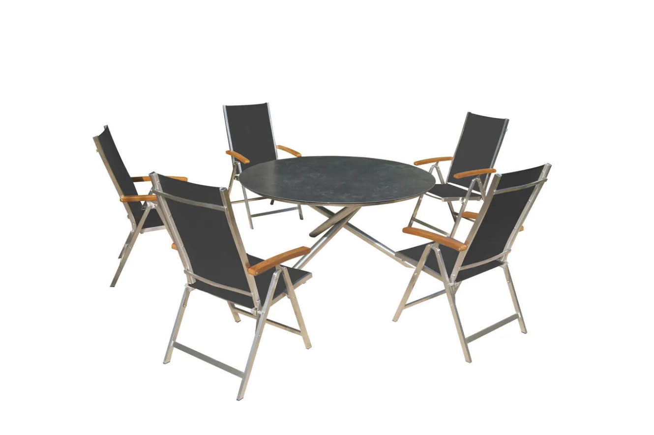 OUTFLEXX Garten-Essgruppe, silber/schwarz, Edelstahl/Glaskeramik/Textilene/Teakholz, Tisch Ø150cm, 5 Klappstühle, verstellbar
