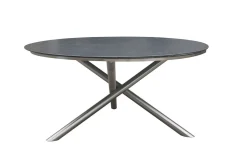 OUTFLEXX Garten-Essgruppe, silber/schwarz, Edelstahl/Glaskeramik/Textilene/Teakholz, Tisch Ø150cm, 5 Klappstühle, verstellbar