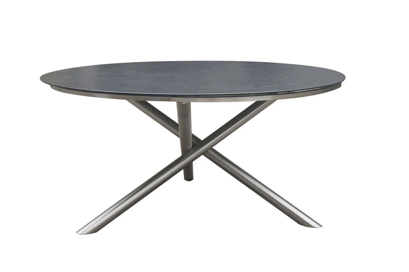 OUTFLEXX Garten-Essgruppe, silber/schwarz, Edelstahl/Glaskeramik/Textilene/Teakholz, Tisch Ø150cm, 5 Klappstühle, verstellbar